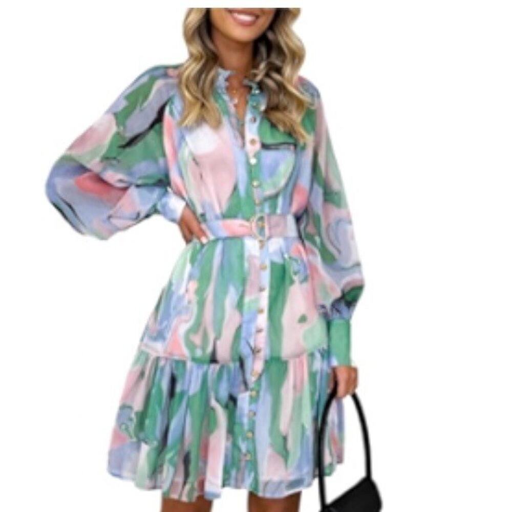 Amazon Ferlema Floral Print Long Sleeve Button Down Sundress Size XL